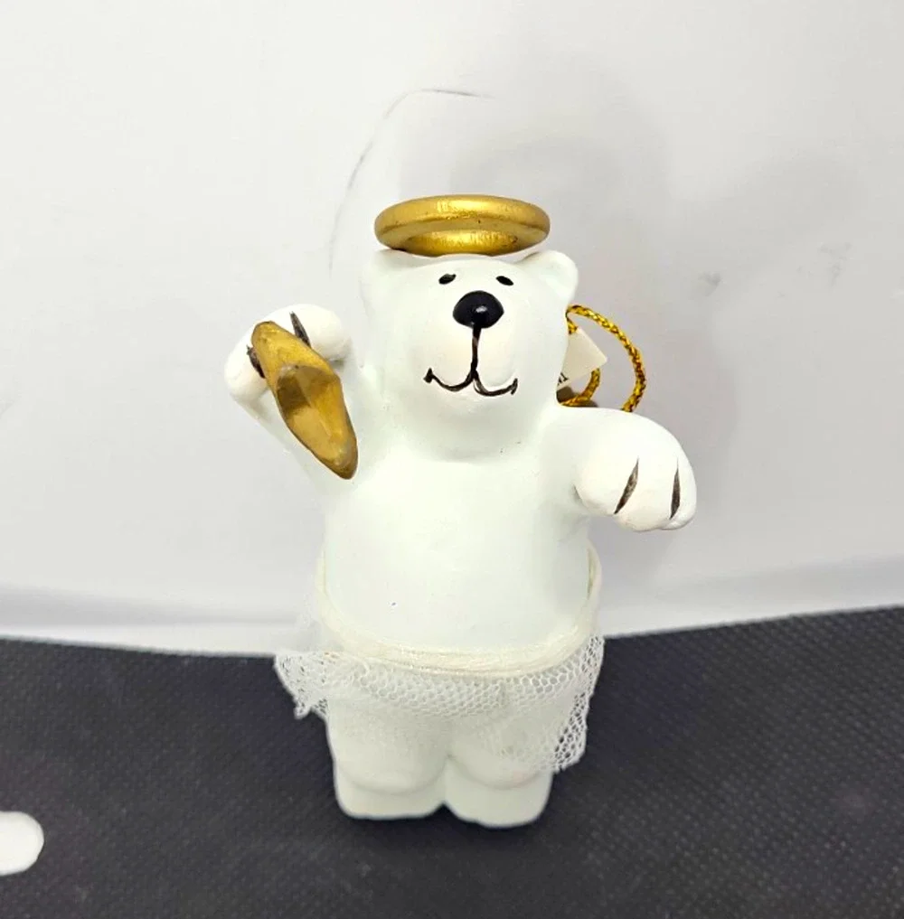 Vintage 1999 Avon Graceful Polar Bear Angel Christmas Ornament Gold Halo